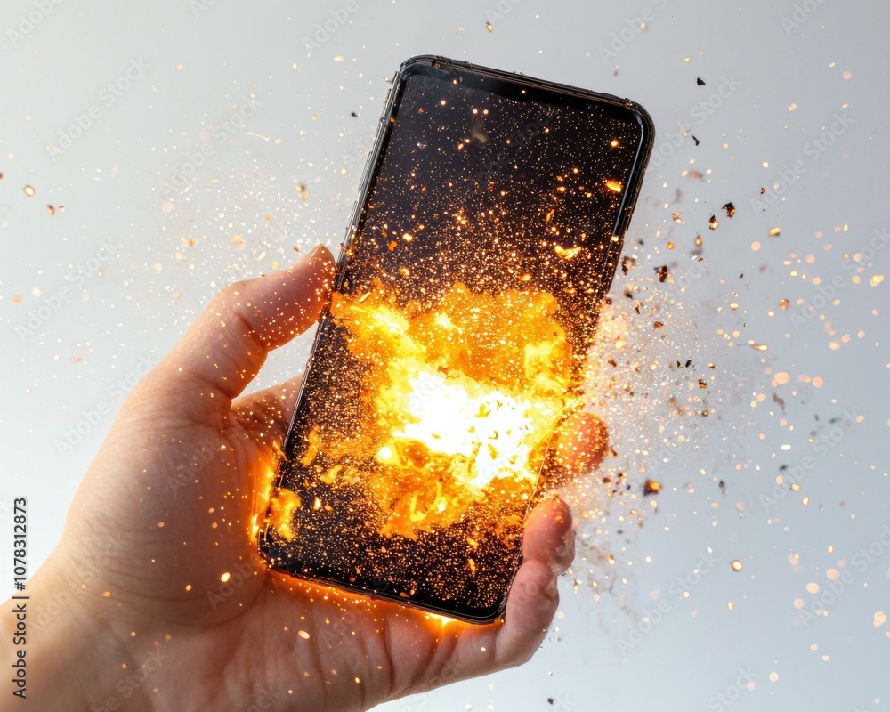 Aufkleber a hand holds a smartphone that is exploding with fire and sparks. ai.