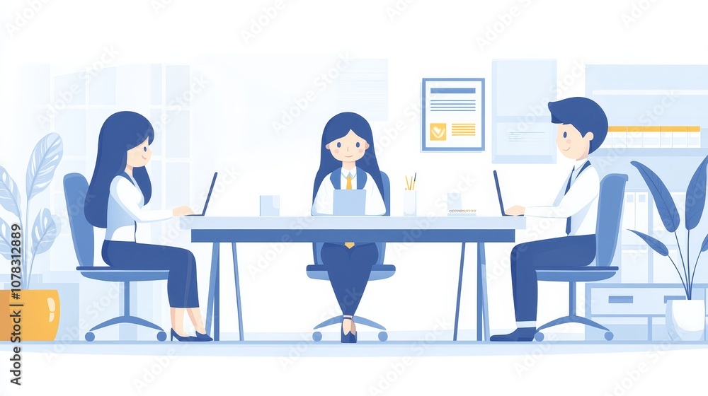 Poster three professionals collaborate effectively in a modern office environment with laptops and notebook