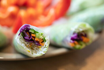 Close up of a colorful and fresh vegetable Spring rolls, an appetizer commonly found in Chinese and Southeast Asian cuisines