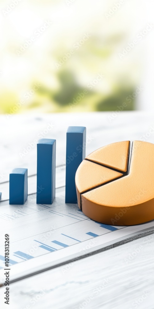 Poster a modern business analytics concept showcasing a pie chart and bar graphs on a light background, ide