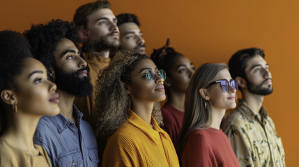 Obraz premium Diversiyt and Equality: Diverse group of people looking up, showcasing unity and strength