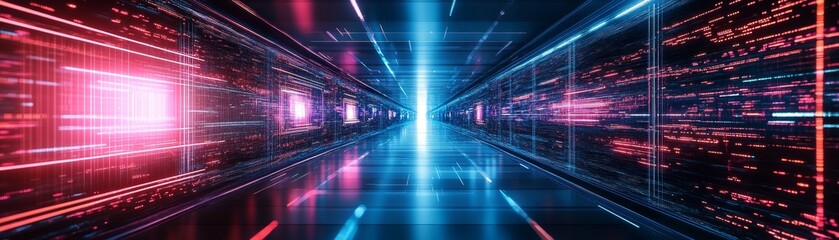 Obraz premium Explore the futuristic digital corridor with vibrant light trails and dynamic motion effects