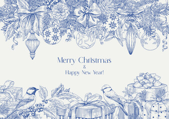 Toile Christmas illustration with bows toys fir twigs pinecone holly mistletoe balls gift boxes birds Blue beige Hand drawn vector background with borders for design holiday decor greeting card poster