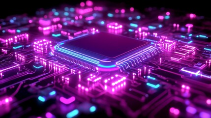 Obraz premium Explore the vibrant world of microchip technology in neon lights and circuitry designs