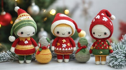 Three adorable crocheted Christmas elves in red, green, and yellow outfits with white yarn details. They are standing on a white wood surface with a pine branch decorated with fake snow behind them.
