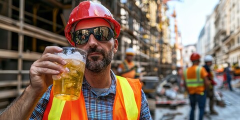 A construction worker takes a break and enjoys a cold drink. AI.