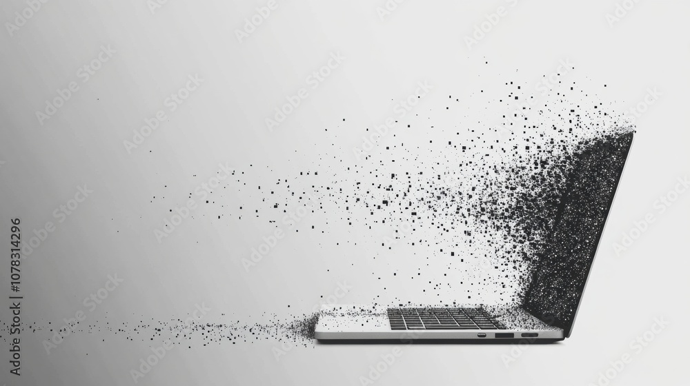 Poster a sleek laptop appears to dissolve into tiny pixel elements, creating a dynamic effect in a contempo