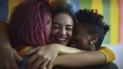 diversity, equality, Group of joyful LGBTQ employees embracing each other in celebration