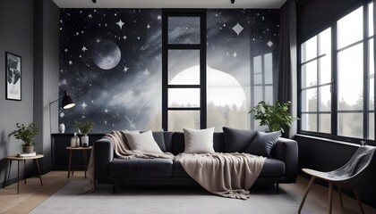 Scandinavian living room interior design zoom background,Doodle Galaxy patterned wallpaper graphics