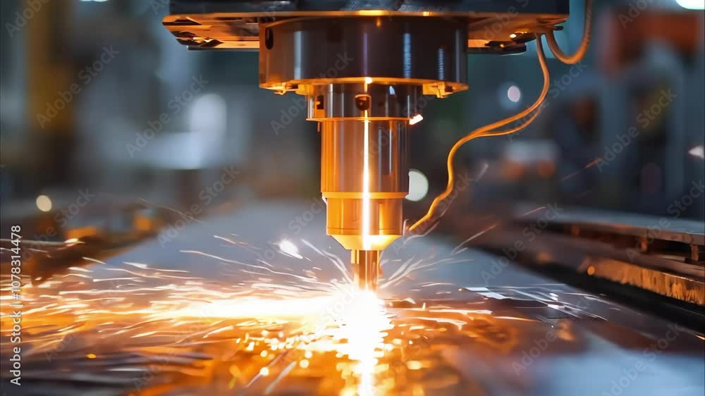 Poster a close-up of a laser cutting machine in action, creating sparks while cutting through metal sheets.