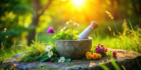 Stone Mortar and Pestle Surrounded by Nature's Beauty with Fresh Herbs and Wildflowers