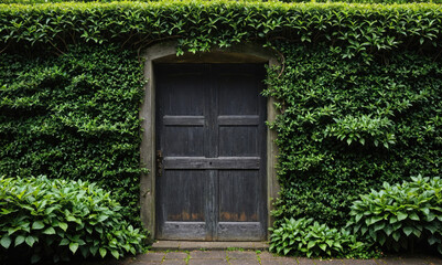 A dark wooden door is framed by lush green foliage