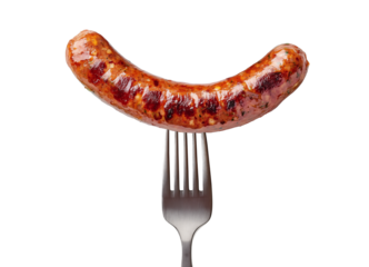 Sausage on a fork isolated on transparent background. Generative AI