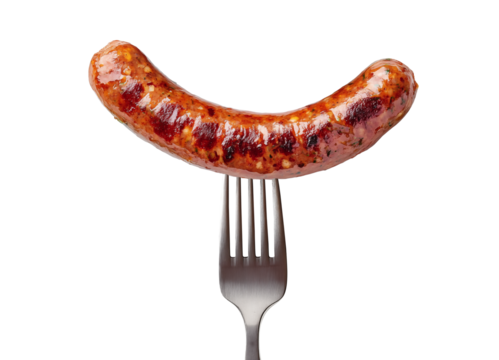 Sausage on a fork isolated on transparent background. Generative AI