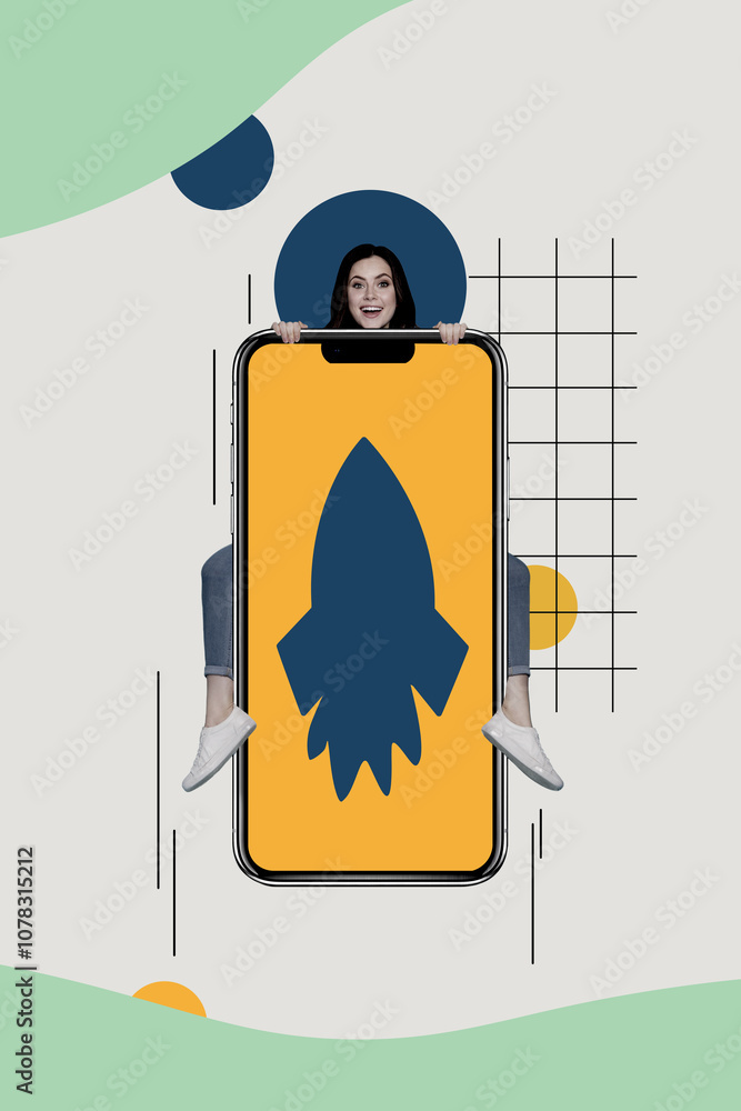 Poster vertical photo collage of happy girl peek phone screen rocket loading internet speed icon loading 5g