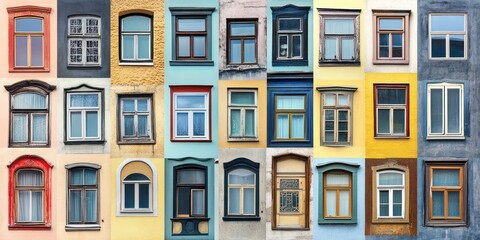 Obraz premium A collage of colorful windows showcasing diverse architectural styles and designs.