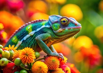 Fototapeta premium Vibrant Chameleon Camouflaging Among Colorful Blooms - Tilt-Shift Photography for Nature Lovers, Wildlife Enthusiasts, and Floral Aficionados