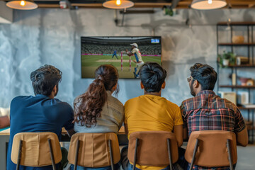 A group of Indian friends sit closely together in a modern cafe