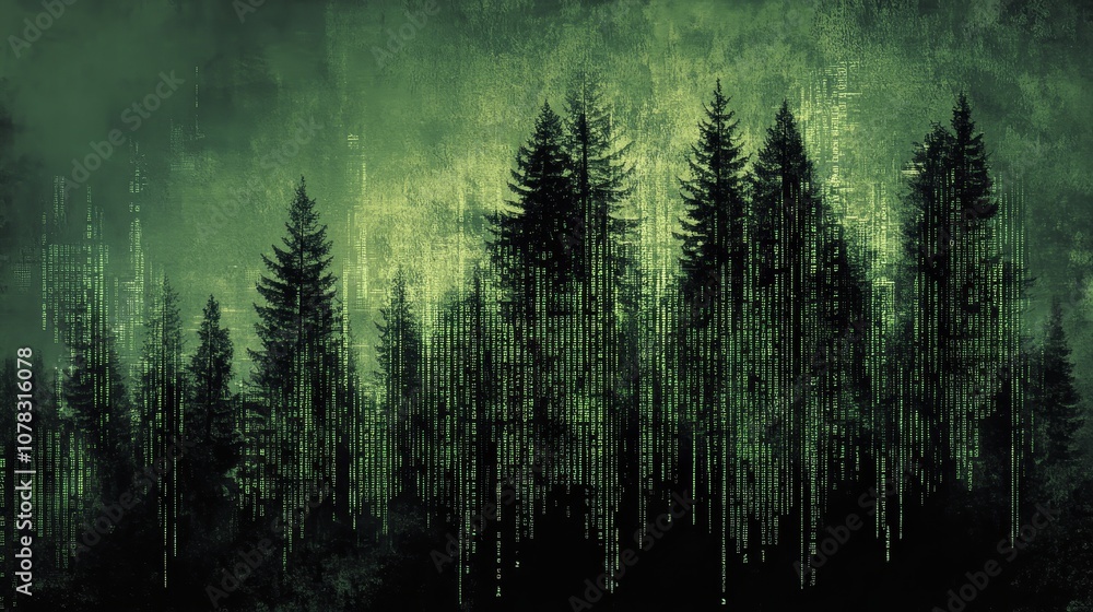 Poster explore the enigmatic connection between nature and technology in a forest of data