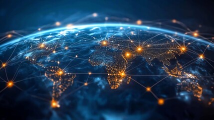 Conceptual image of a global network with business nodes, showcasing collaboration among human resources worldwide across various platforms