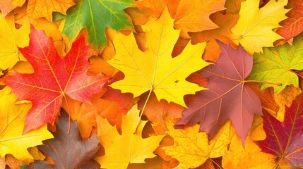 Obraz premium A vibrant collection of autumn leaves in various colors on a surface.