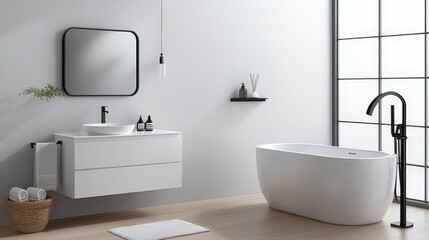 A modern, minimalist bathroom featuring a freestanding tub, sleek vanity, and elegant mirror against a textured wall.