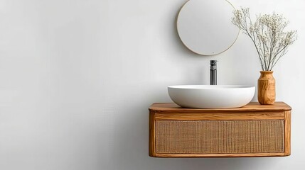 A modern bathroom with a sleek round mirror, a white sink atop a rustic wooden cabinet, and a vase of flowers for added decor.