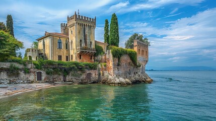 Italian Coast. Ancient Coastal Building in Punta San Vigilio, Garda Lake, Verona, Veneto