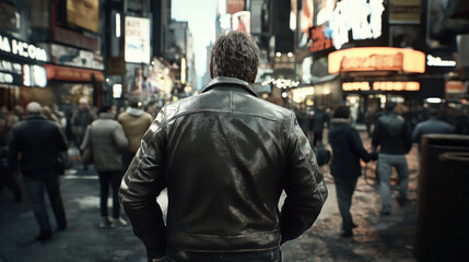 Obraz premium Rear view of a person wearing a leather jacket in a busy urban street with bright neon signs and a crowd of people.