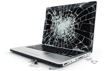 Laptop Broken. Black Laptop with Broken Screen Isolated on White Background
