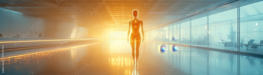 Aufkleber futuristic robot figure illuminates a modern space with ethereal glow and advanced design