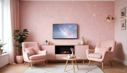 Scandinavian living room interior design zoom background,Doodle Galaxy patterned wallpaper graphics