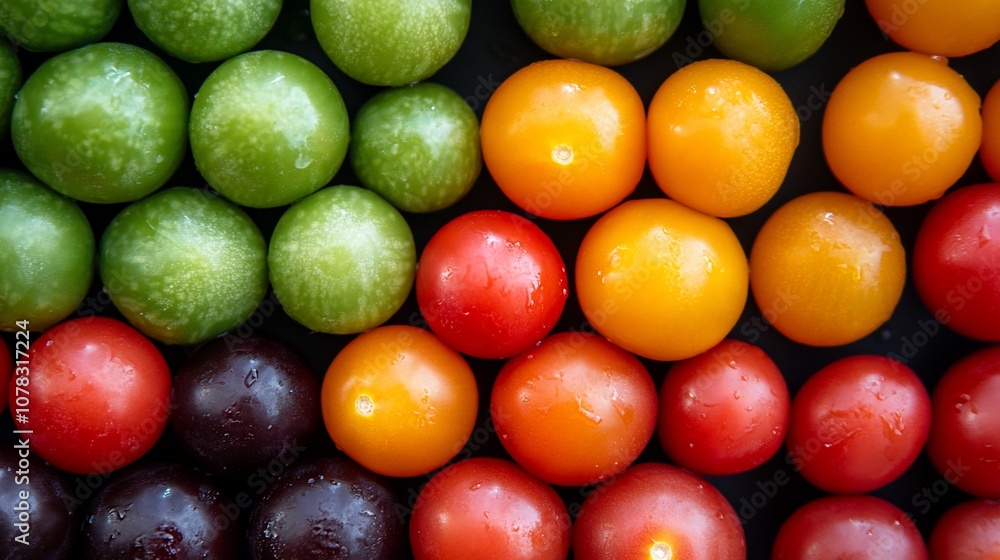 Poster a close-up of colorful cherry tomatoes arranged in a grid pattern.