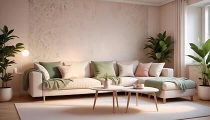 Fototapeta premium Scandinavian living room interior design zoom background,Doodle Galaxy patterned wallpaper graphics