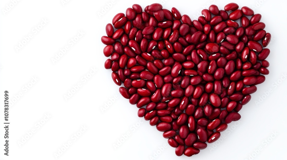 Poster heart made of red beans. the beans are scattered around the heart, creating a sense of depth and tex
