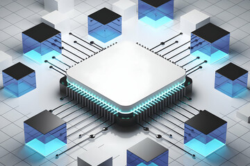 White platform with glowing edges, translucent cubes enhance tech focused aesthetic