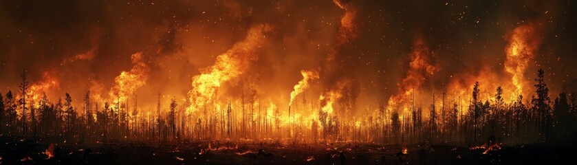 Obraz premium Wildfires ravage forests and impact ecosystems across regions