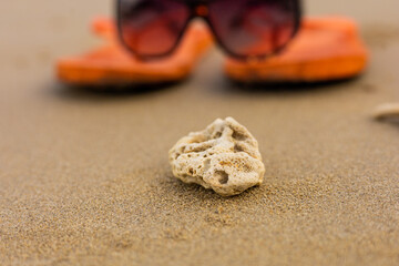  white coral piece is on a sandy beach. In the background orange flip-flops and sunglasses are visible. Concept of beachy vibe, a sense of calmness and escape, 