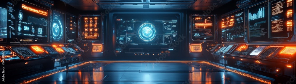 Poster explore the futuristic control room with advanced technology and interactive displays
