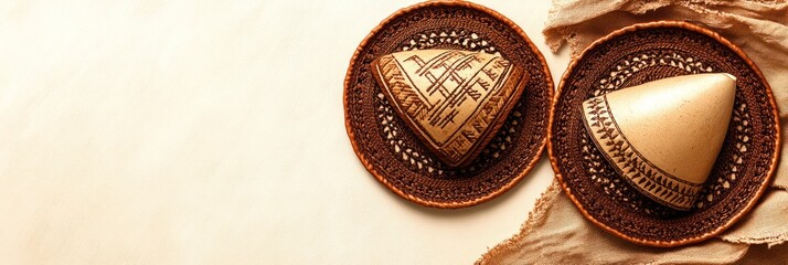 Naklejka premium Two decorative items with intricate patterns on woven bases, suggesting cultural significance.