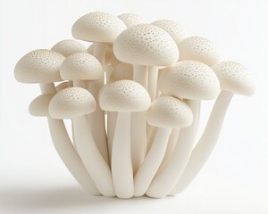 A natural cluster of white button mushrooms displays their unique shapes and textures