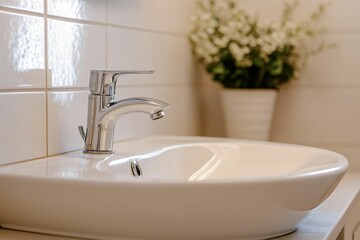 White sink, chrome faucet, and tile.