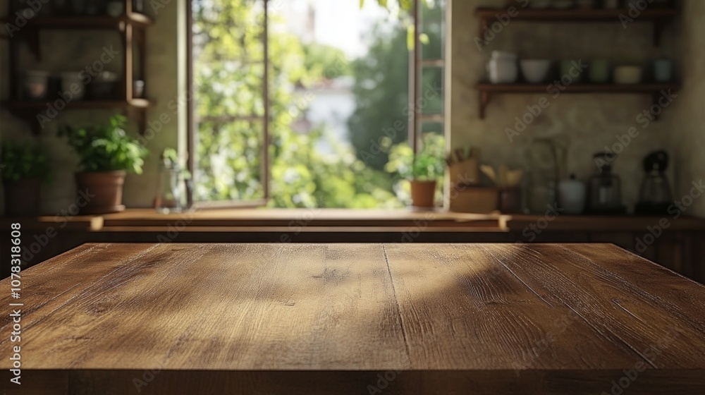Aufkleber a wooden table with a view of a tree outside