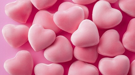 Obraz premium Bunch of pink hearts are piled on top of each other. The hearts are made of a soft, fuzzy material and are arranged in a way that they look like they are hugging each other. Concept of warmth, love