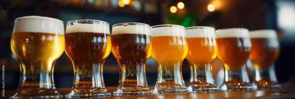 Poster a refreshing lineup row of draft beer glasses with golden and amber brews on a bar counter