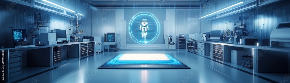 Poster explore the futuristic robotics lab showcasing advanced technology and innovation in science
