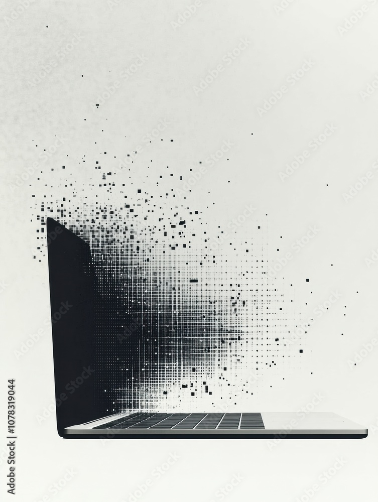 Poster a laptop is depicted breaking apart into pixel-like fragments, creating a dynamic visual effect in a