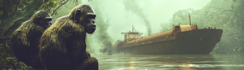 Gorillas observe an abandoned ship in a lush jungle landscape