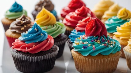 Colorful cupcakes arranged in a row for celebrations