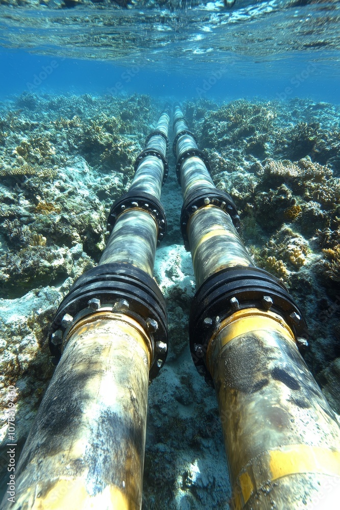 Poster undersea infrastructure submerged parallel pipelines stretching across the ocean floor.